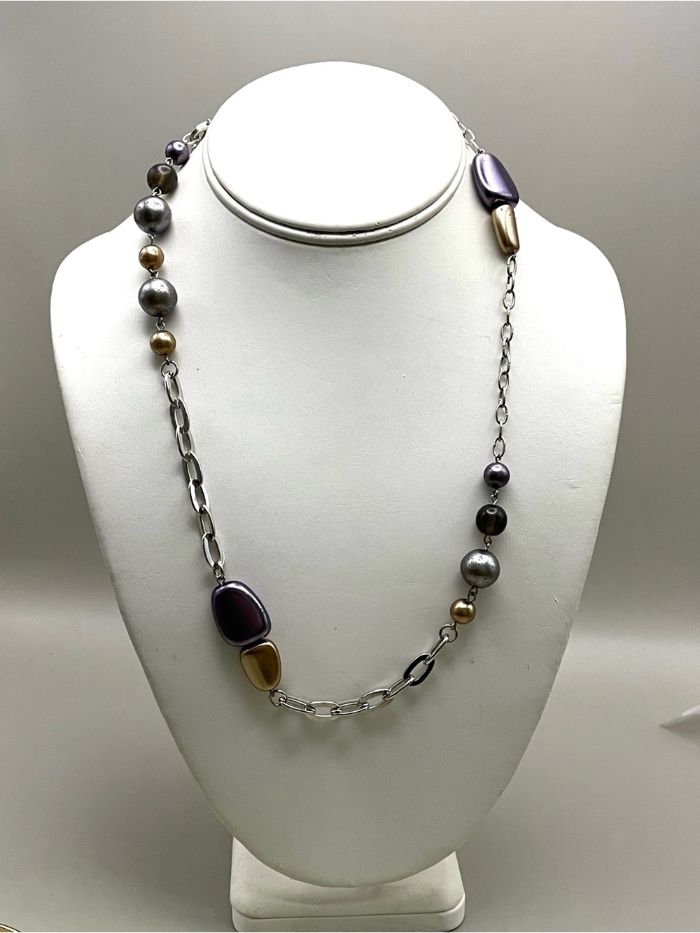 Silver Tone Long Beaded Necklace Purple Gold Gray Pebble Pearl Station Chain 26"